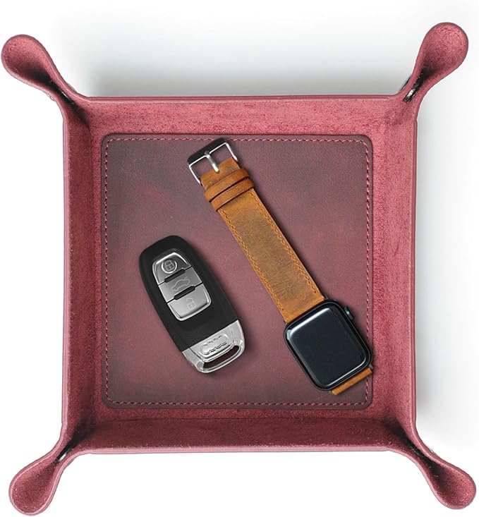Handmade Leather Catch All Tray, Customizable Handcrafted Genuine Leather Valet Tray and Organizer for Keys, Phones, Jewels, Coins, Square - Small, Purple