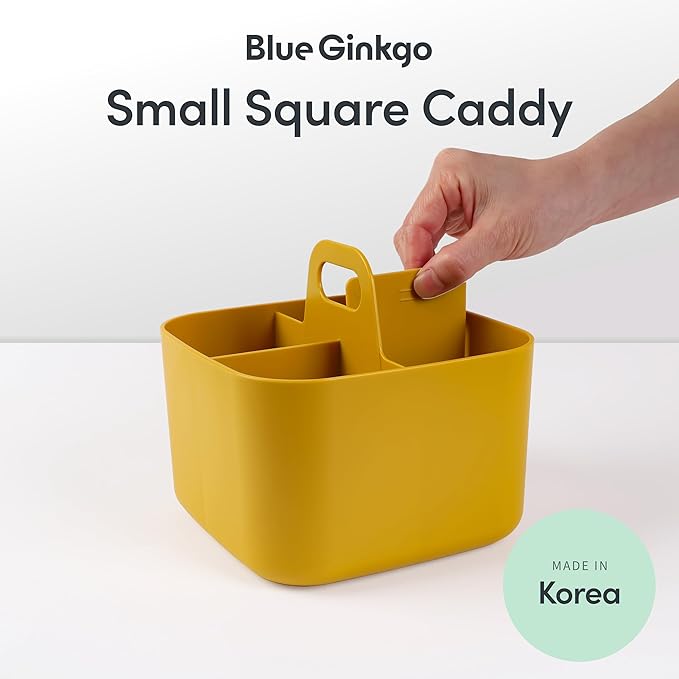BLUE GINKGO Small Stackable Organizer Caddy – Korean-Made Portable Tote for Bathroom, Office, Crafts, or School Supplies (Square, Yellow)