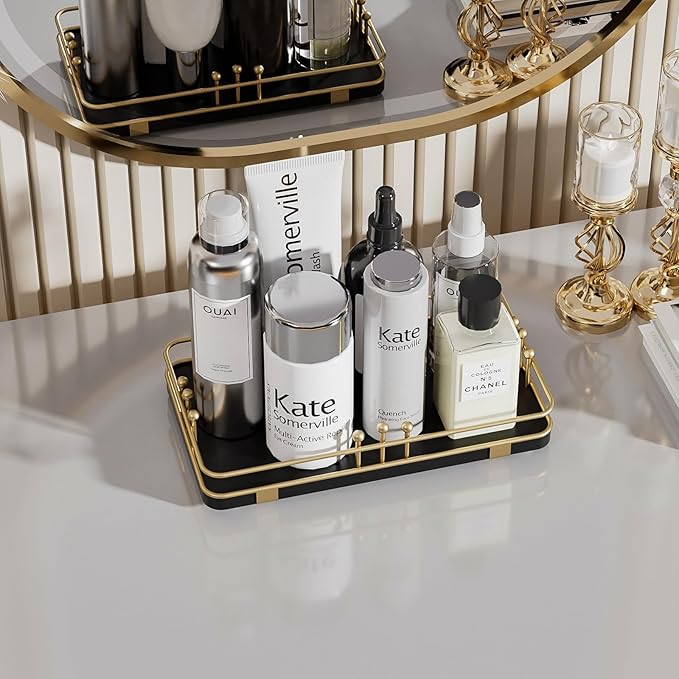 Bathroom Vanity Tray for Toiletries Makeup Perfume Candle Toilet Tank, Kitchen Tray for Soap Dispenser Spice Salt, Small Tray for Countertop Decor Coffee Nightstand 7.9”x4.4” Black-Gold