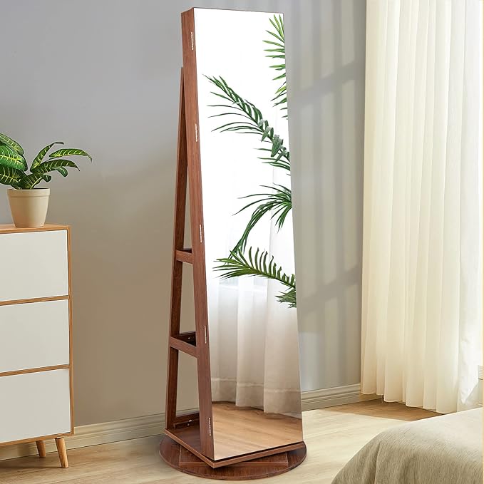 CHARMAID 360° Swivel Jewelry Armoire with Full Length Mirror, Rear Storage Shelves, Lockable Standing Jewelry Cabinet Organizer with Interior Vanity Mirror and 3-Color Lights (Walnut)