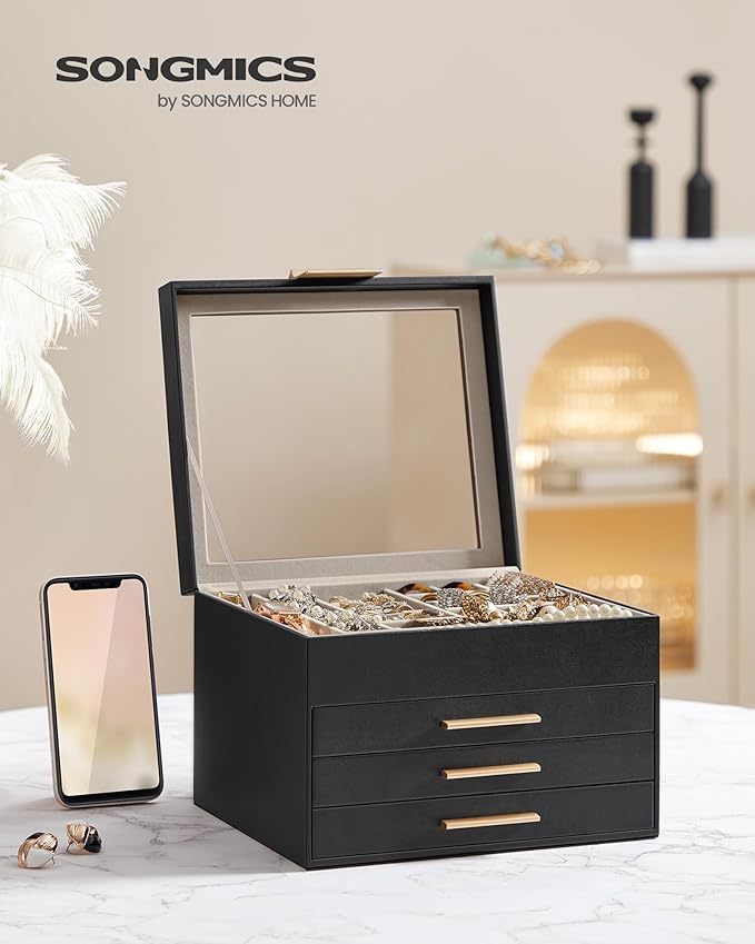 SONGMICS Jewelry Box Organizer with Glass Lid, 4-Layer Jewelry Storage, with 3 Drawers, Modern Style, 8 x 9.1 x 6.5 Inches, Graphite Black and Gold Color UJBC173B01