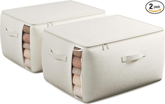 Large Canvas Clothes Storage Bags with Thick Handles and Clear Window, Foldable Cotton Linen Closet Organizer for Clothing, Blankets and Bedding, 70L, 2 Pack, Beige