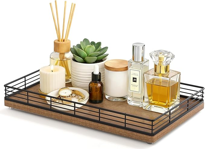 Large Bathroom Vanity Tray – 13" x 8" Acacia Decorative Wooden Tray for Bathroom Countertop & Vanity Organizer, Wood Tray for Perfume, Skincare Accessories Storage Vanity Dresser Decor Black & Acacia