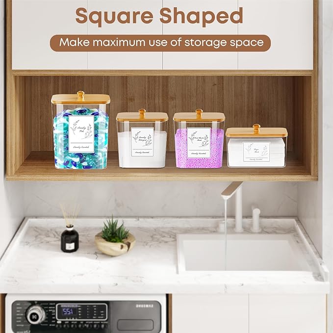 4 Pack Clear Laundry Pods Container & Dryer Sheet Holder, Plastic Square Laundry Room Organization and Storage Jars with Lids, Scoops & Labels for Detergent, Powder, Dryer Balls, Beads