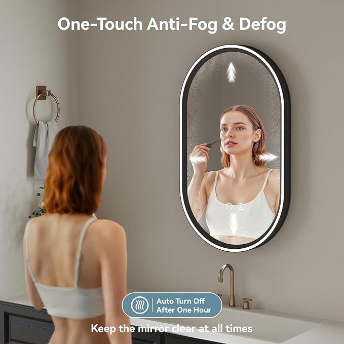 Led Bathroom Mirror with Lights, 20'' x 33'' Oval Heavy Duty Aluminum Frame Bathroom Vanity Mirror with Lights, 3 Colors, Brightness Stepless Dimmable, Anti-Fog, Memory Function, Single LED Black