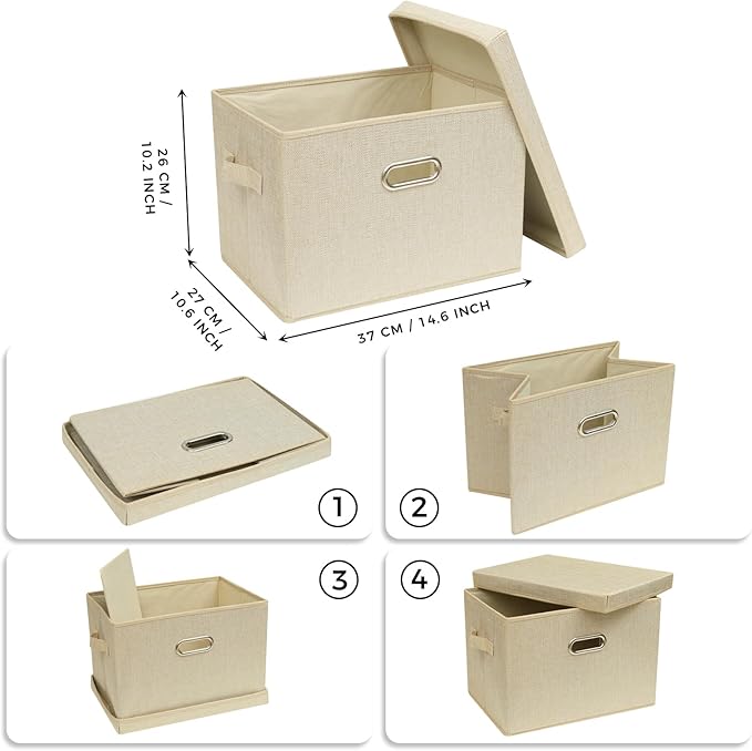 SNWDN 4 Pack Large collapsible Fabric Storage Bins with Lids Fabric storage box with lids for closet organizers and storage (Beige 17.3x11.4x11.8 inches)