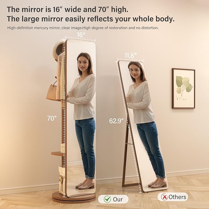70"x19"Full Length Mirror with Stand,Coat Rack with Mirror,Solid Wood Floor Mirror,Swivel Mirrorfor Bedroom, Living Room, Cloakroom