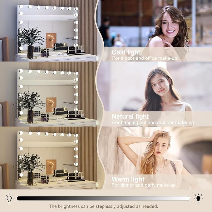 YOURLITE Vanity Mirror with Lights, 32"X25" Large Hollywood Mirror with Lights with 18 Bulbs, 3 Colors Modes & Adjustable Brightness,Vanity Mirror 10x Spot Mirror, USB Charging Port