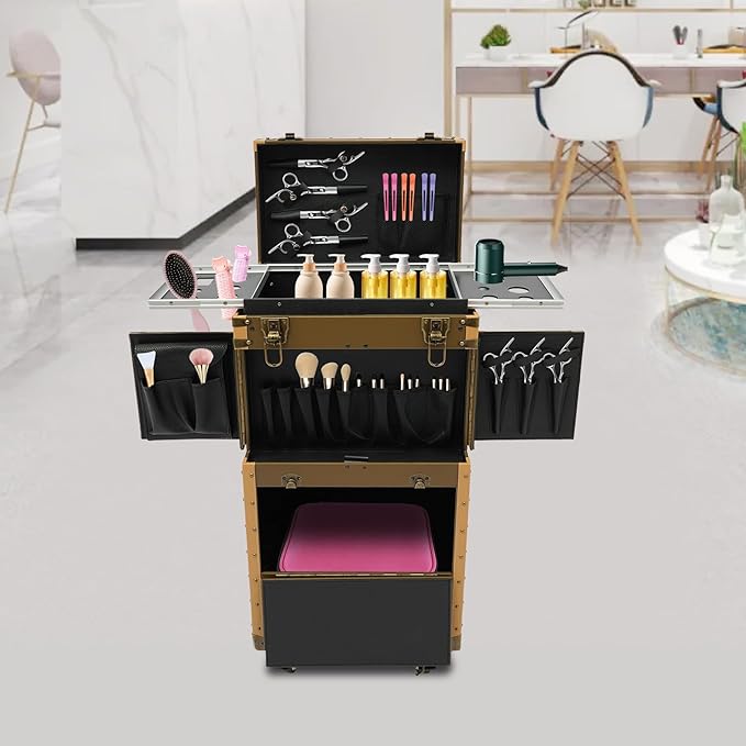Hair Case,Hair Tool Organiser,Professional Barber Supplies Case,Hairdressing Tool Storage Case,Hair Makeup Salon Organizer with Wheels and Password Locks,Mother's Day Gift (Gold)