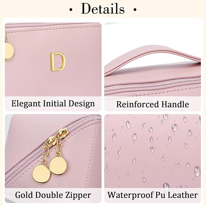 Valentine's Day Gifts for Women Teen Girl, Personalized Initial Makeup Organizer Bag Set, Open Flat Travel Cosmetic Bag With Clear Divider and Handle(Pink,D)
