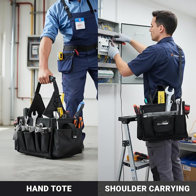 MELOTOUGH Electrical and Maintenance Tool Carrier 24-Pocket Large Electrician Tool Pouch Bag Open Top Tools Tote Bag with ‌Waterproof Base & Dual Carry Handle‌ for Gardeners/Technician