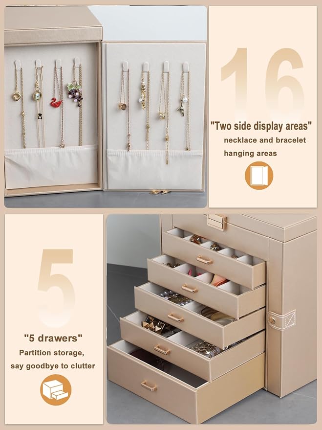 BOOVO Jewelry Box For women, 6 Layer Large Jewelry Organizer With Mirror, Multi-Function Storage Box With Lock, Necklace Holder With 5 Drawers, For Earrings Necklace Bracelet (Champagne Gold)