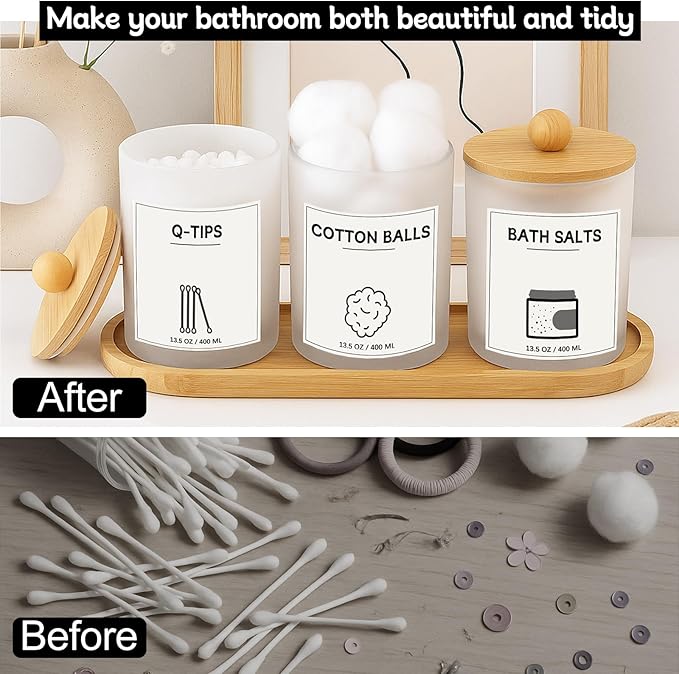 3 PCS Qtip Holder for Bathroom, Cotton Ball Holder, with Tray, Bathroom Organizers and Storage, Bathroom Jars for Floss Picks, Cotton Swabs, Balls, Pads (Frosted)