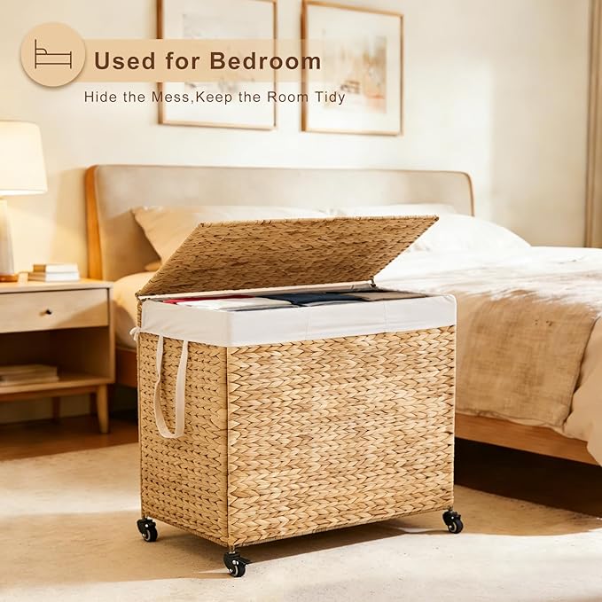 3-Section Laundry Hamper with Lid, Large Capacity Woven Natural Water Hyacinth Laundry Sorter with Removable Liners, Rolling or Non-Slip Design for Bedroom (Natural, 3-Section)