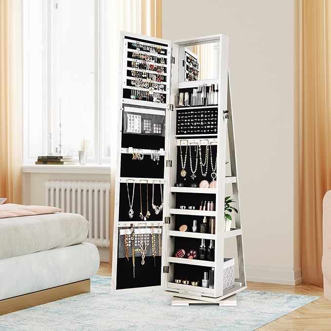 360° Swivel LED Mirror Jewelry Cabinet with Full Length Mirror, Lockable Floor Standing Mirrored Jewelry Armoire Organizer w/Inside Makeup Mirror & Back Storage Shelves (Grayish White)