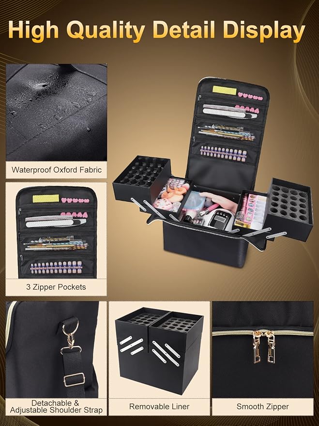 Deciniee Large Makeup Travel Train Case, Upgraded Plus Size Nail Supply Organizers and Storage for Nail Tech, Black 4 Tier Cosmetic Train Case Makeup Box, Nail Polish Makeup Organizer and Storage Bag