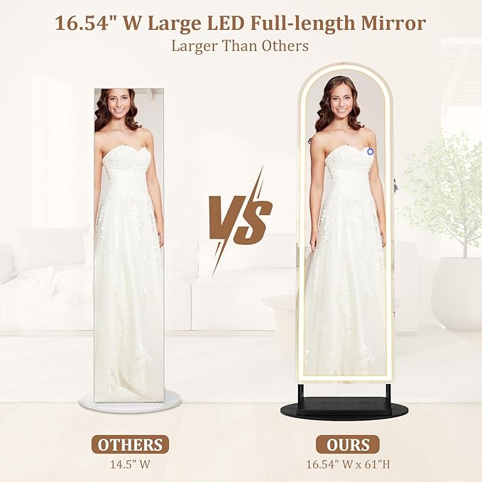 LVSOMT LED Mirror Jewelry Cabinet Standing, Lockable Jewelry Armoire with Arched Full-Length Mirror and Adjustable LED Lights, Space-Saving Jewelry Organizer with Mirror(Black)