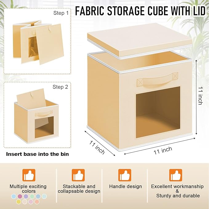 10 Pcs Fabric Storage Cube with Lid 11x11 Inch Fabric Storage Bins with Window Handle Collapsible Cube Organizer Basket for Shelves Closet Bedroom Office Clothes Book Stuffs (Pastel)
