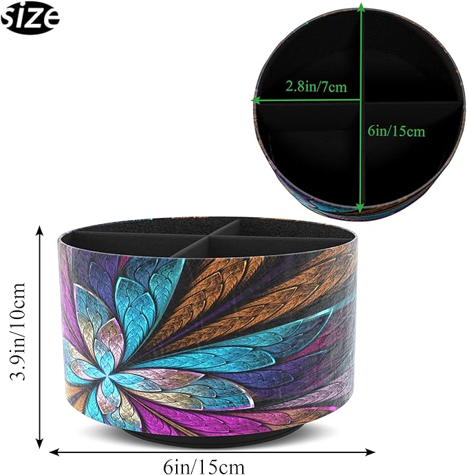 Hennaja Round Leather Art Supply Organizer,Remote Control Holder,360 Degree Rotating,Multi-Functional Pencil Holder,4 Compartments Desktop Stationary Organizer(1-Fractal Flower) | Round, 360 Degree Rotating, Multi-Functional, Desktop