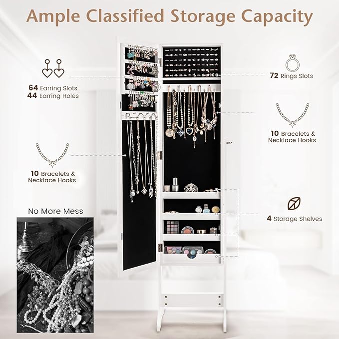 COSTWAY Jewelry Armoire, Standing Jewelry Organizer with Full-length Mirror & 3 Adjustable Angles for Bedroom, Dressing Room (White)