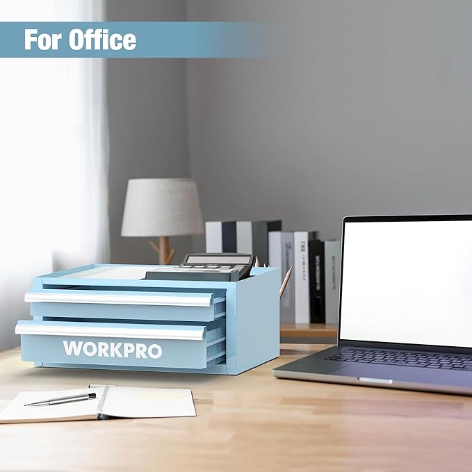 WORKPRO 12.5" Mini Tool Box with 2 Drawers & 1 Open Top Storage, Small Metal Tool Chest with PVC Liners & PP Feet Pads, Cold Rolled Steel Toolbox with Drawer Liners & Magnetic Tabs