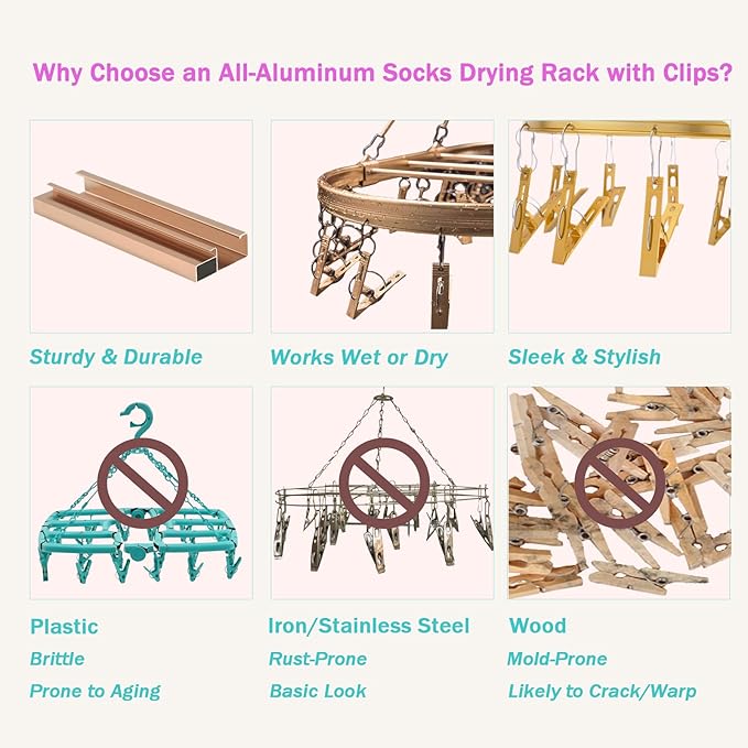 Underwear Hanger for Drying with 26 Clips - Aluminum Hanging Drying Rack for Socks, Lingerie & Baby Clothes | Wind-Resistant Hook & Oval Design (Rose Gold)