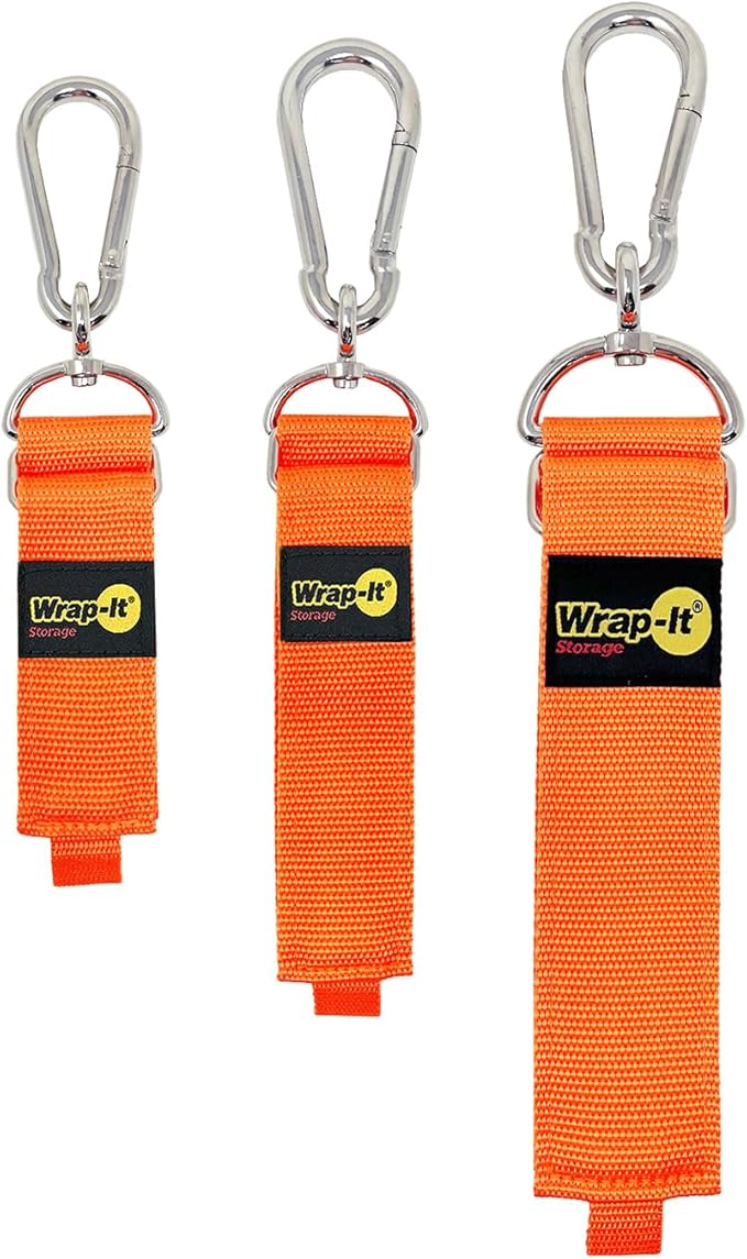 Hook 'n Hang Wrap-It Storage Straps - Assorted 3-Pack Blaze Orange - Heavy Duty Straps for Cord Storage or Garden Hose Organization