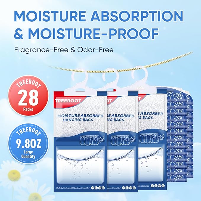 28 Pack Moisture Absorbers for Closet, 9.8OZ Hanging Closet Dehumidifier Bags, Hanging Humidity Absorber in Wardrobes, Kitchens and Bathrooms