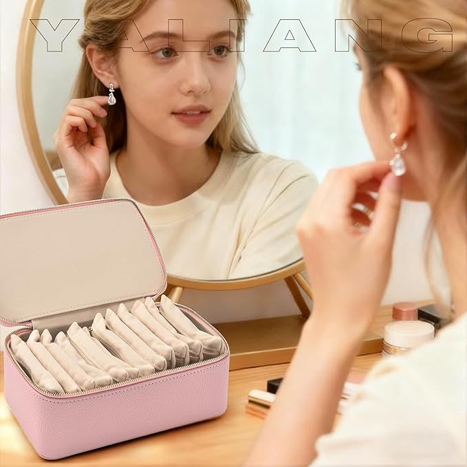 Travel Jewelry Box,Jewelry Travel Organizer for Women Girl,Travel Jewelry Case with 12pcs Velvet Jewelry Pouches for Necklaces Rings Earrings Sorting Storage(Pink, 12)