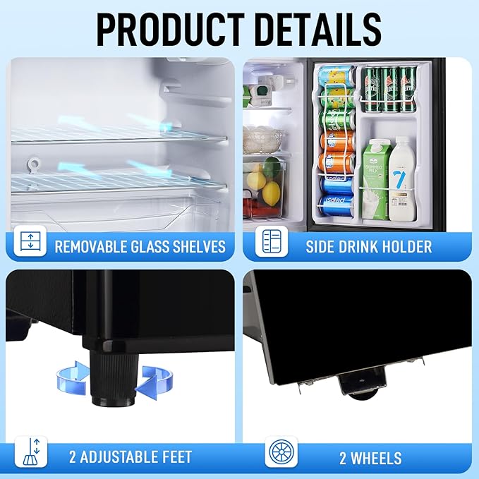 WANAI 3.5 CU.FT 2 Door Mini Fridge with Freezer Freestadning Small Refrigerator Features 7 Gear Mechanical Control, Side Bottle Rack, 2 Glass Removable Shelves, Crisper Drawer Black
