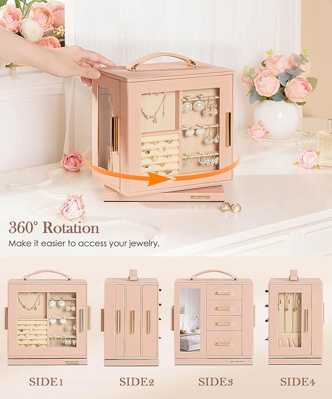 Homde Valentine's Day gifts Jewelry Box 360° Rotating, Necklace Earring Organizer with Transparent Window, Mirror, 7 Drawers, Large Ring Display Storage Case for Girls Women (Peach Pink)