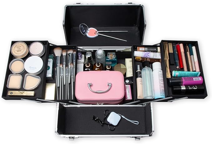 Makeup Rolling Train Case - Professional Cosmetics Organizer with Aluminum Frame, Folding Trays & Wheels, Portable for Travel & Studio (Black)