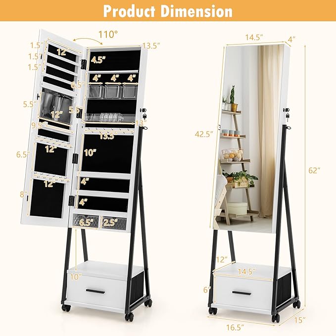 CHARMAID Rolling Jewelry Cabinet with Full Length Mirror, Lockable Standing Jewelry Armoire with Wheels, Steel Legs, Lipstick Brush Storage, Jewelry Organizer Box with Drawers (White)