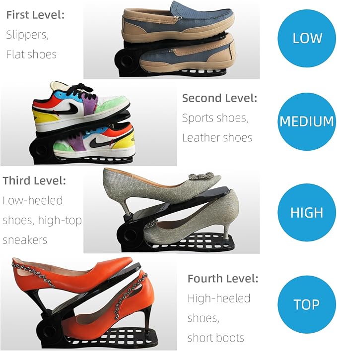 Shoe Slots Organizer, 16PCS No Assembly Required Thickening Adjustable Double Layer Stack Shoe Rack, 50% Space-Saving Storage Rack Holder, Black