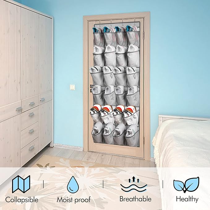 2 Pack Over The Door Shoes Organizers, Behind Door Shoes Hang Holder Rack with 48 Mesh Large Pockets, Clear Fabric Shoes Hanger Storage Organizer Bag for Bedroom,Pantry,Dorm,Gray