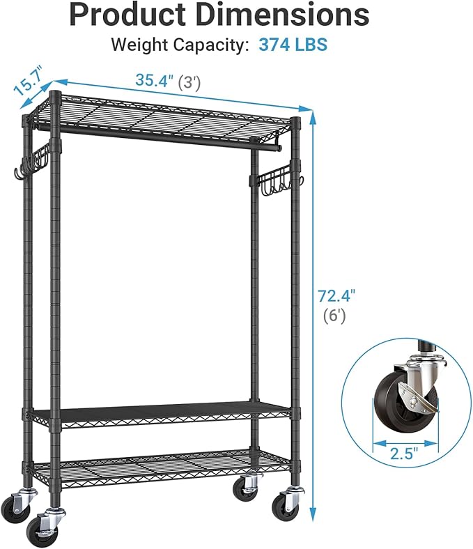 VIPEK R3C Rolling Clothes Rack with Cover Portable Closet for Hanging Clothes, Heavy Duty Garment Rack Clothing Racks with Wheels& Hanging Rod, Black Racks with Grey Upgraded Polyester Cover