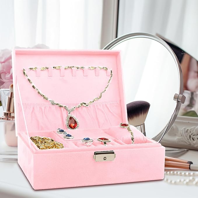 Nsmykhg Velvet Jewelry Box Organizer - 2 Pack Lockable 2 Layer Travel Case with Removable Tray, Jewelry Storage for Women & Men, Jewelry Display Case for Rings, Necklace, Earrings (Pink)