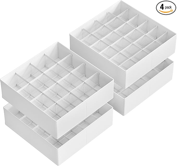 SONGMICS 4 Pack Drawer Organizers, 80 Cells (2x16+2x24), Foldable Dividers, 11.8 x 11.8 x 3.9 Inches, for Socks, Underwear, Ties, Belts, Cloud White URUS011W01