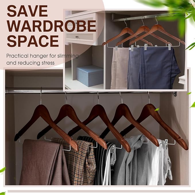 Sieral 30 Pack Wooden Pants Hangers with Clips Solid Wood Skirt Suit Coat Hangers with 2 Adjustable Clips 360 Degree Swivel Hook for Trousers Jeans Slacks Shorts Bottom, 14 Inch(Brown,Classic)