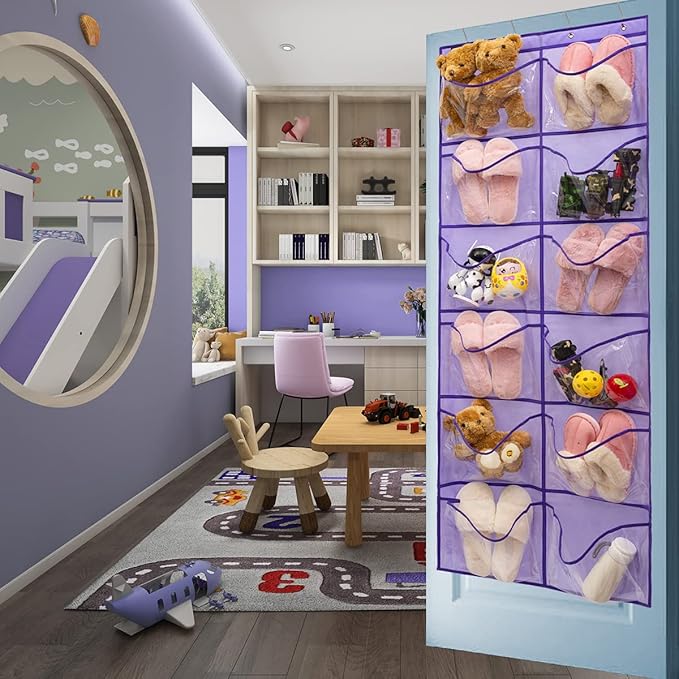 Extra Large Pocket Shoe Organizer - Hanging Shoe Rack with 12 Clear Pockets (Purple)