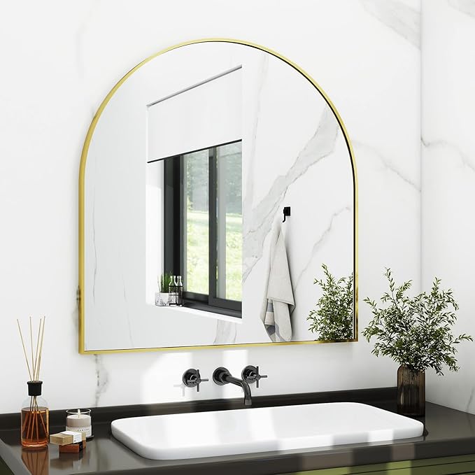 31"x32" Arched Wall Mirror for Bathroom, Gold Vanity Mirror for Bedroom, Living Room, Entryway, Decorative Hanging Mirror for Wall