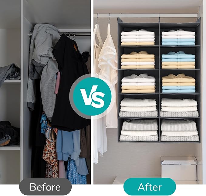 Dual-Row Hanging Closet Organizer – Foldable Clothes Storage Shelves with 3 Hooks, Space-Saving Wardrobe Organizer for Dorm Rooms, Bedroom or Closet (Grey, 4 Tier)