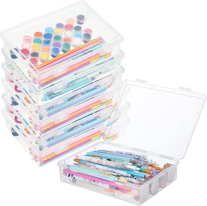 Qunclay 6 Pcs 9 x 8.7 x 2 inches Plastic Storage Box with Lid Multipurpose Craft Organizers Plastic Containers Clear Pencil Case Art Satchel Storage Case for Beads Ornaments Crafts Accessories