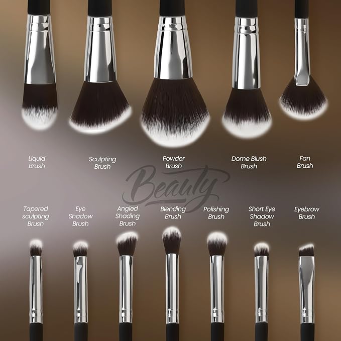 Makeup Brushes Set 12 Pcs Professional & Beginner Friendly, Soft Synthetic Make Up Brush Bristles for Face Eyeshadow, Easy to Clean with Case, Ergonomic Wooden Handle, Gift for Women (Dark Black)