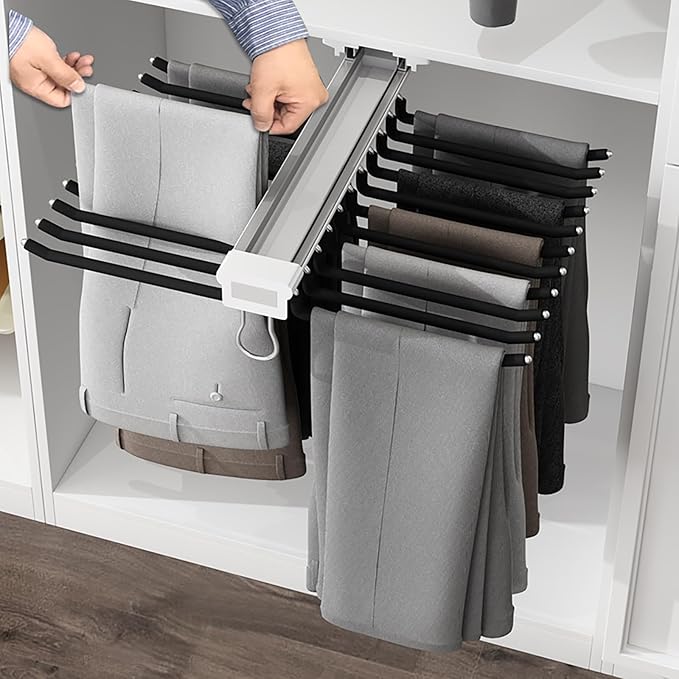 Pull Out Pants Rack, 22 Arms Pants Organizer for Closet Tie Scarf Display Wardrobe Slide Out Trousers Rack Clothes Storage Organizers for Space Saving and Storage 23.2 x 18.1inch (Black)