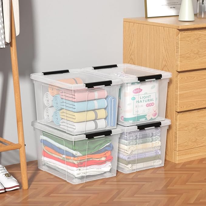 4-Pack 22 Quart Plastic Storage Bins with Lids, Plastic Latching Storage Box with Wheels, Clear