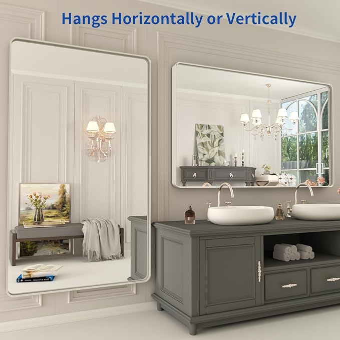 WEER 50X30 Inch Brushed Nickel Bathroom Mirror, Brushed Silver Metal Frame Mirror, Rounded Rectangle Silver Bathroom Vanity Mirror, Tempered Glass, Anti-Rust, Hangs Horizontally or Vertically
