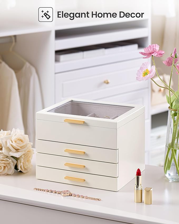 Lolalet Jewelry Box, Clear Window Wood Grain Jewelry Storage for Earrings Bracelets Necklaces Rings, High Capacity Organizer for Women -Beige, 4 Layers