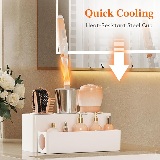 Lifewit Hair Tool Organizer Countertop, Removable Blow Dryer Holder for Bathroom, Acrylic Hot Tools Organizer Storage for Curling Iron, Brush, Straightener, 3 Stainless Cups, White, 30 cm/12 inch(L)