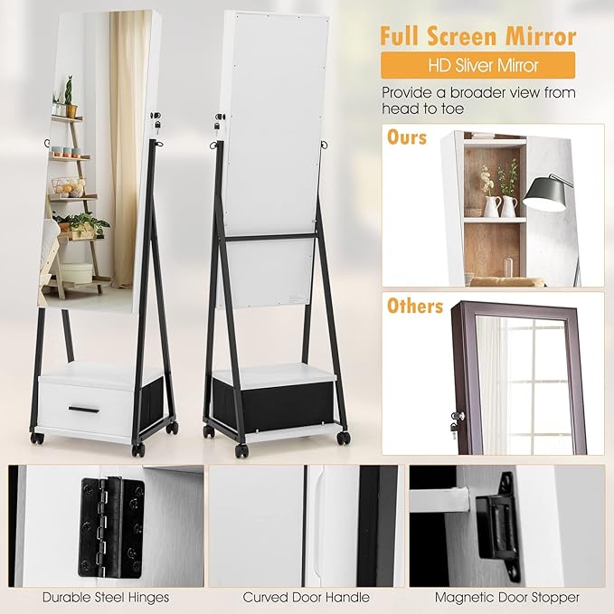CHARMAID Rolling Jewelry Cabinet with Full Length Mirror, Lockable Standing Jewelry Armoire with Wheels, Steel Legs, Lipstick Brush Storage, Jewelry Organizer Box with Drawers (White)